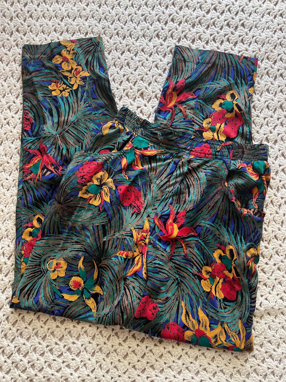 Vintage 70s Tropical Pants Rayon Straight Leg Relaxed Elastic Waist Size XS